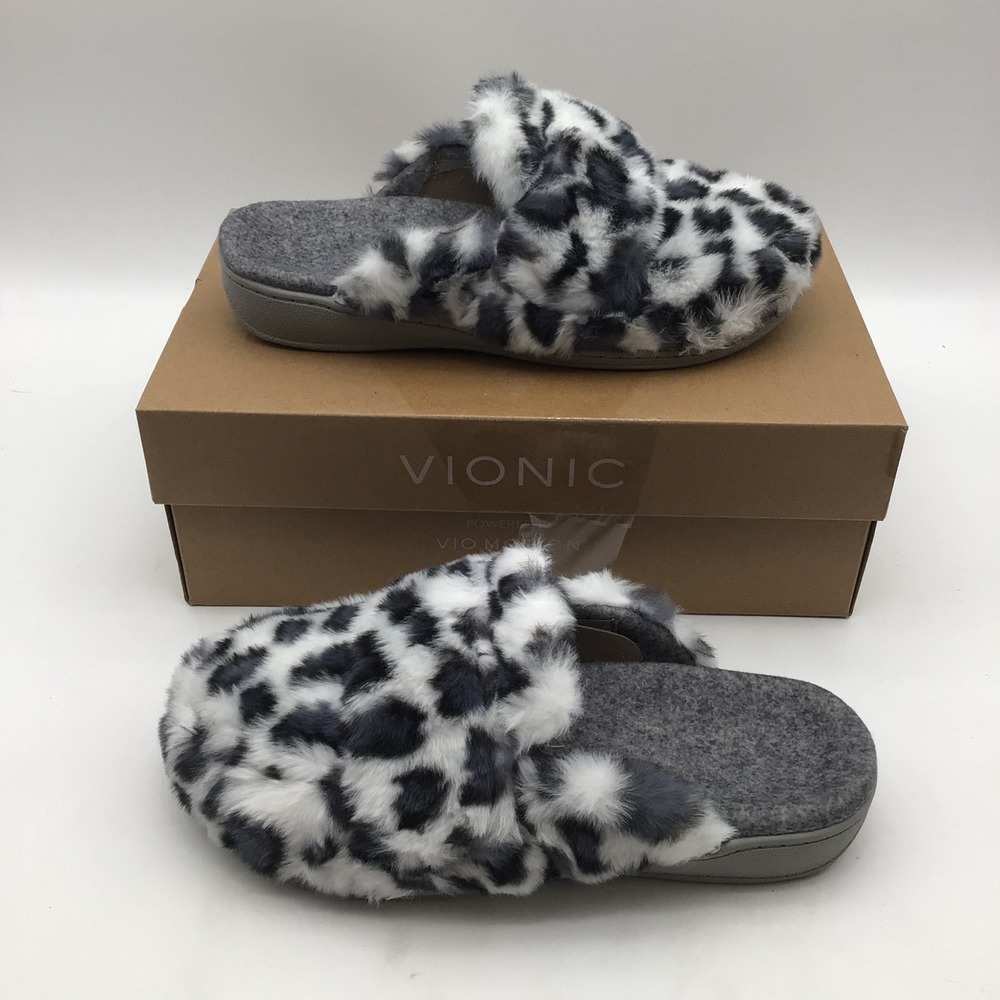 Vionic Gemma II White Leopard Faux Fur Orthotic Mule Slippers Womens Size 8M NEW